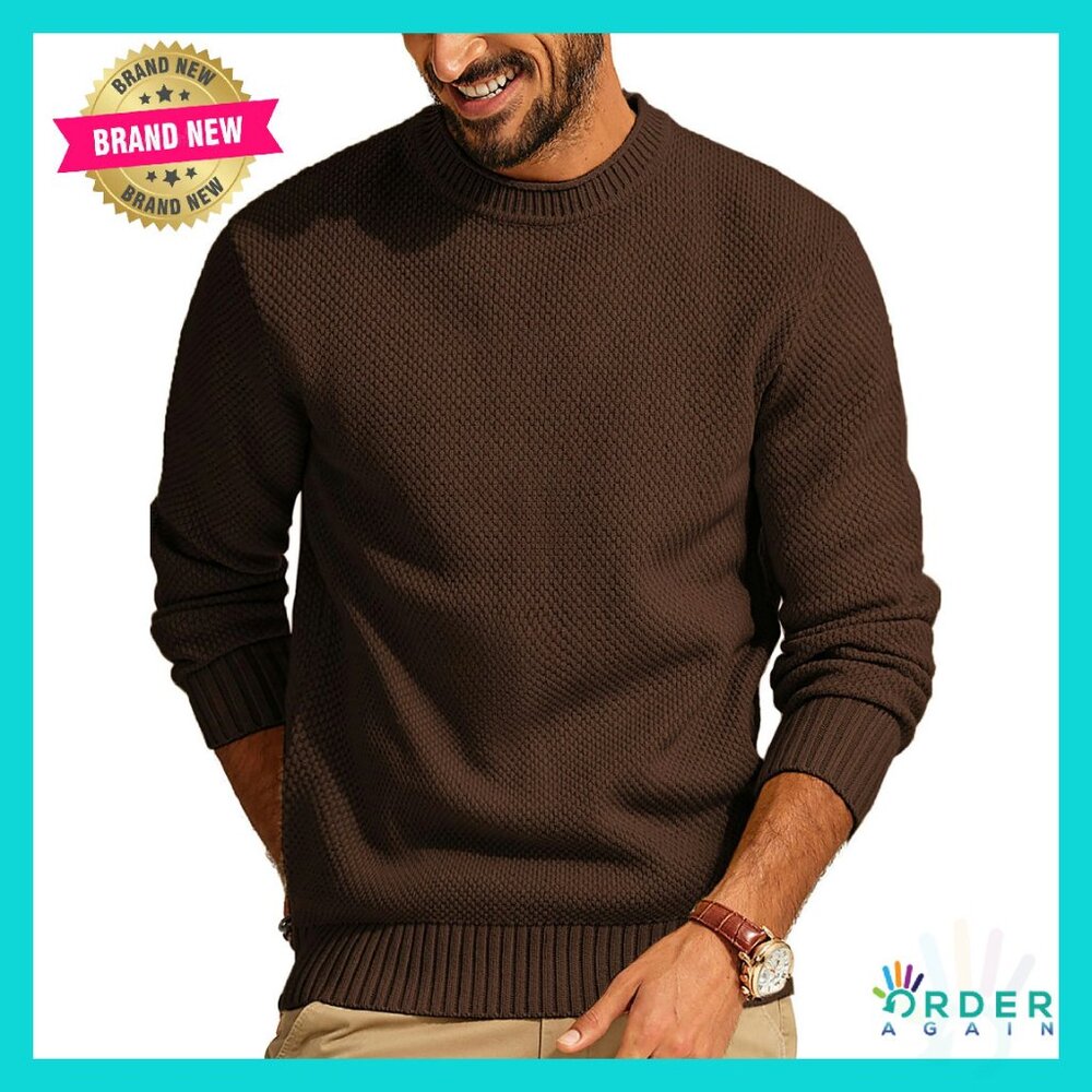 Waffle Knit Crewneck Sweater Textured Pullover Classic Fall Winter Wear